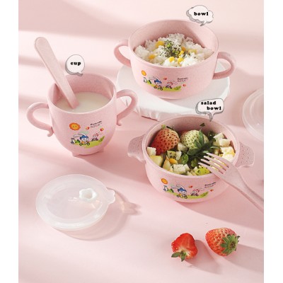 Wheat Straw Cartoon Children cup and bowl 6pcs sets tableware sets Plastic Straw cups/leakproof baby soup bowl/salad bowl