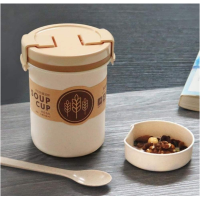 600ml Wheat Straw Soup Cup Plastic Buckle Leakproof Lunch Box Japanese Mini Bento Box with Brown Color